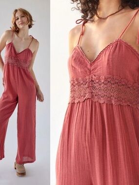BDG Urban Outfitters Tilly Lace Inset Crochet Boho Gauze Jumpsuit Wide Leg